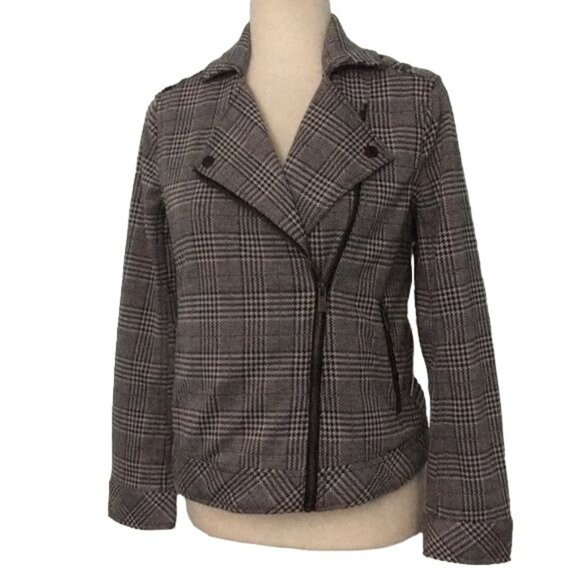 Two by Vince Camuto Moto Jacket XS Black White Check Plaid Blazer Zipper NEW - Picture 1 of 7